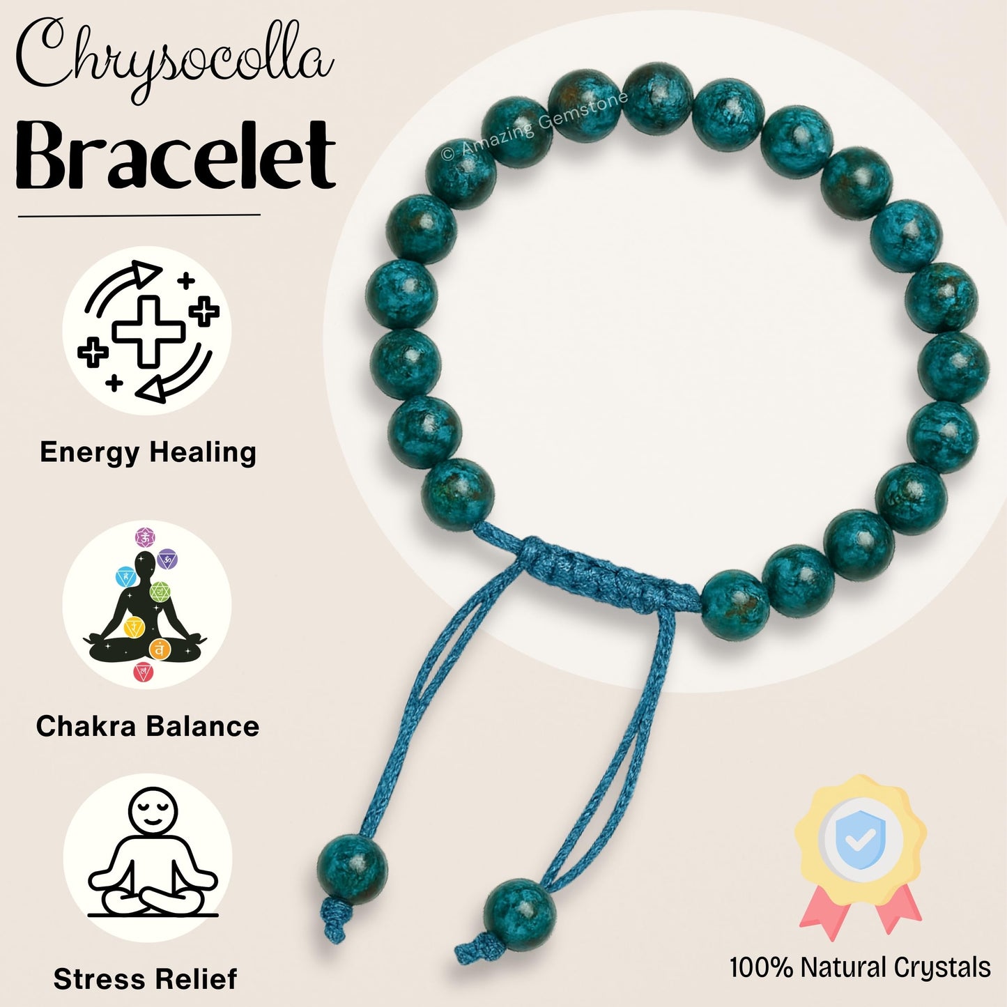 Amazing Gemstone Chrysocolla Bracelet, Gifts For Men & Women - Protection Healing Crystal Bracelet - 8mm Gemstone Beaded Adjustable Bracelet, Pulseras Para Hombres Mujer Stocking Stuffers
