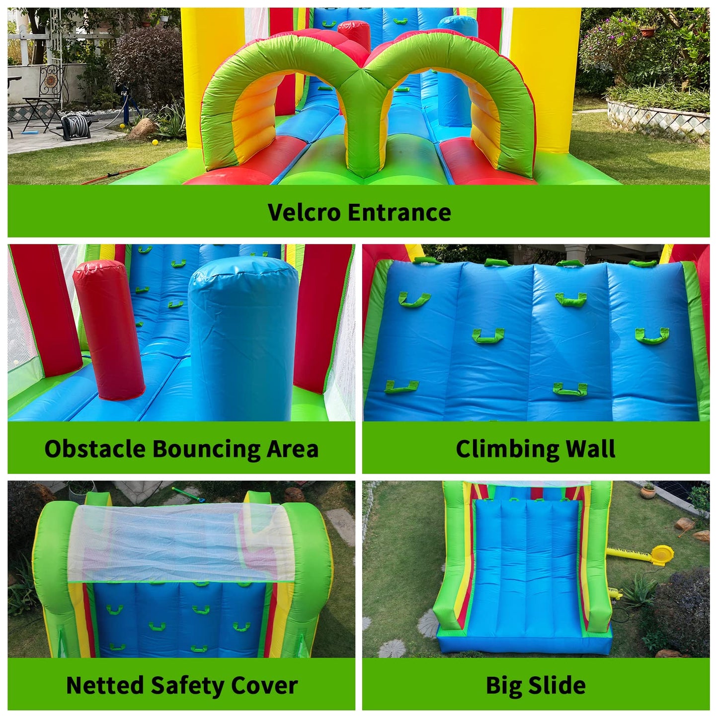 YARD Bounce House for Big Kids 5-12, 21.3'x9.2'x7.9' Inflatable Obstacle Course Bouncy Castle with Large Slide for Ages 3-6,8-12, Jump House with 750w Blower for Outdoor Party 750w-Green