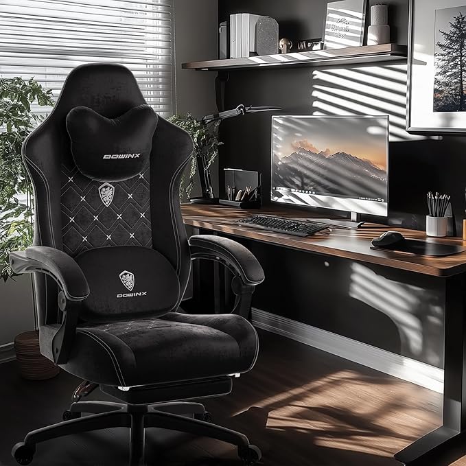 Dowinx Gaming Chair with Heated Massage Lumbar Support,Big and Tall Fabric Gaming Chairs for Adults with Footrest, Ergonomic Computer Game Chair with Poket Spring Cushions, 350lbs, Black