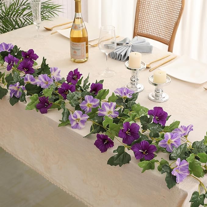 Floweroyal 6 Pack Artificial Flower Garlands 15.8FT Fake Morning Glory Vines Silk Flowers Hanging Garland Ivy for Wedding Arch Party Home Garden Wall Decor (Purple)