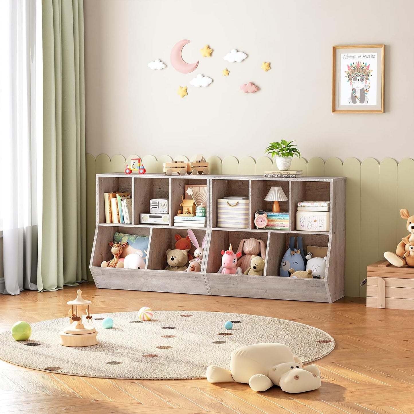 HOOBRO Kids Bookshelf, Bookcase Footboard, Toy Storage Cubby, Children's Toy Shelf, 35.4" L Toy Storage Cabinet, Fit for Children's Room, Playroom, Hallway, Kindergarten, Greige BG32CW01