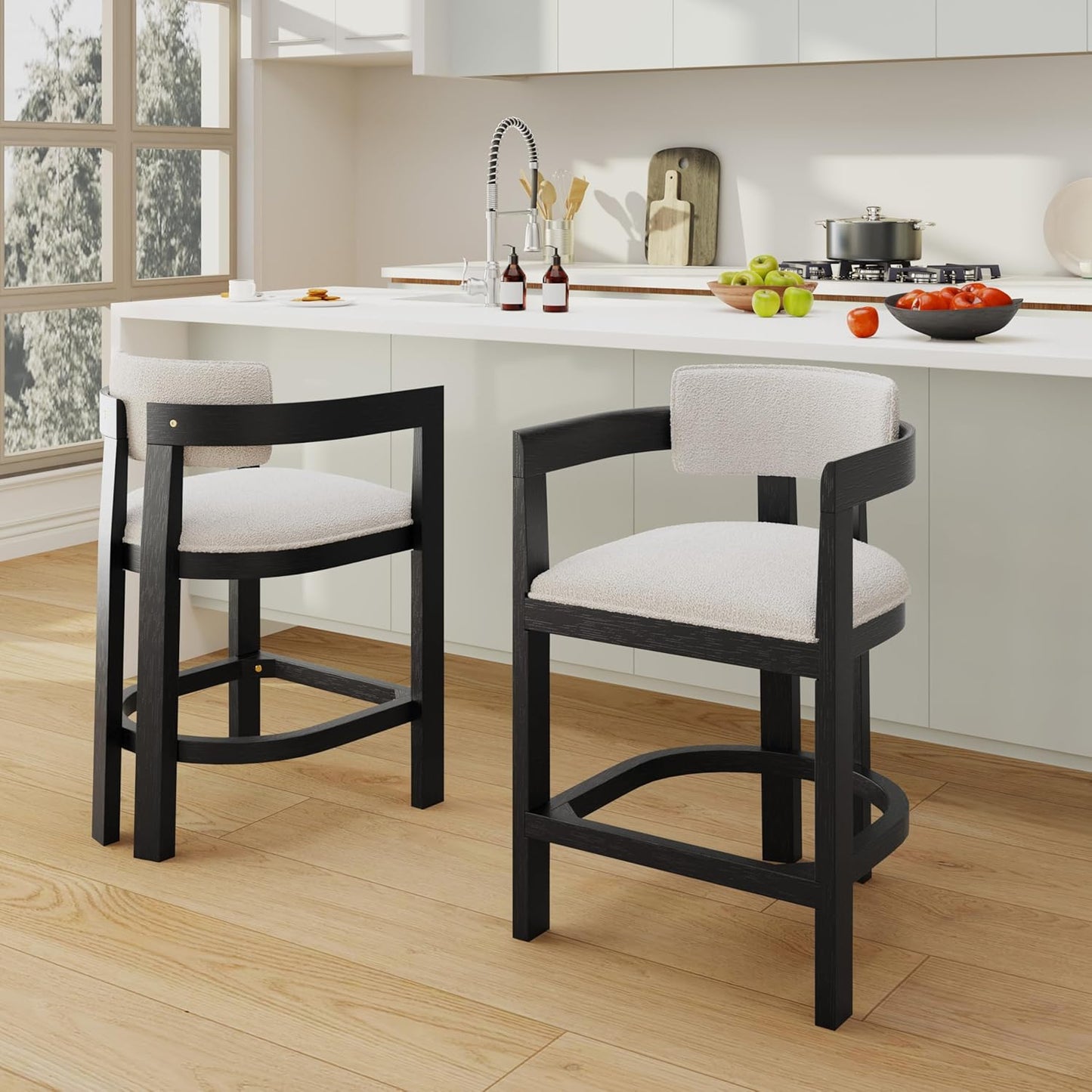 Christopher Knight Home Set of 2 Ryland Modern 26" Counter Height Bar Stools, Boucle Fabric Upholstered Counter Stools,Wooden Kitchen Island Armchair with Footrest, Round Backrest, Milky White+Black