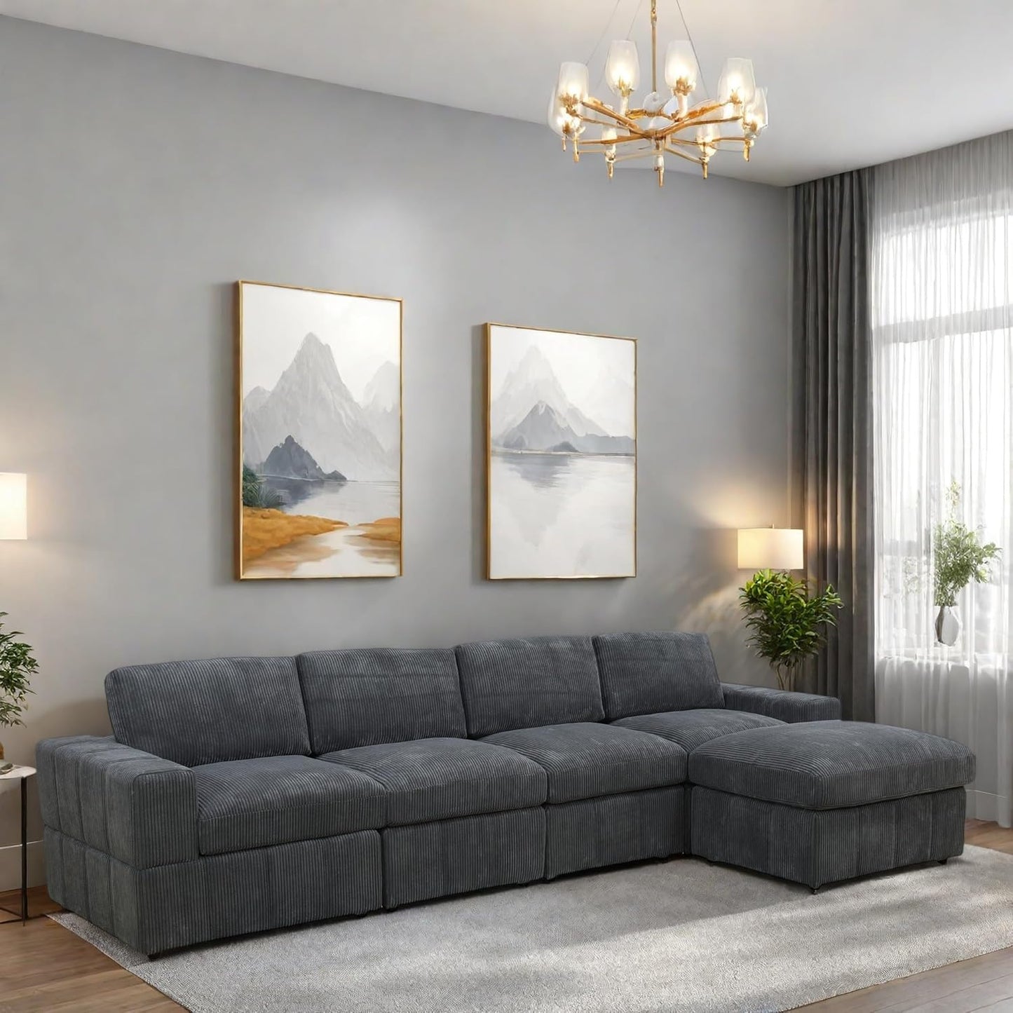 L Shaped Sectional Couches for Living Room, Modular Sectional Couch with Ottoman & Chaise, Modern Lounge Living Room Furniture Sofa for Adults, Dark Grey