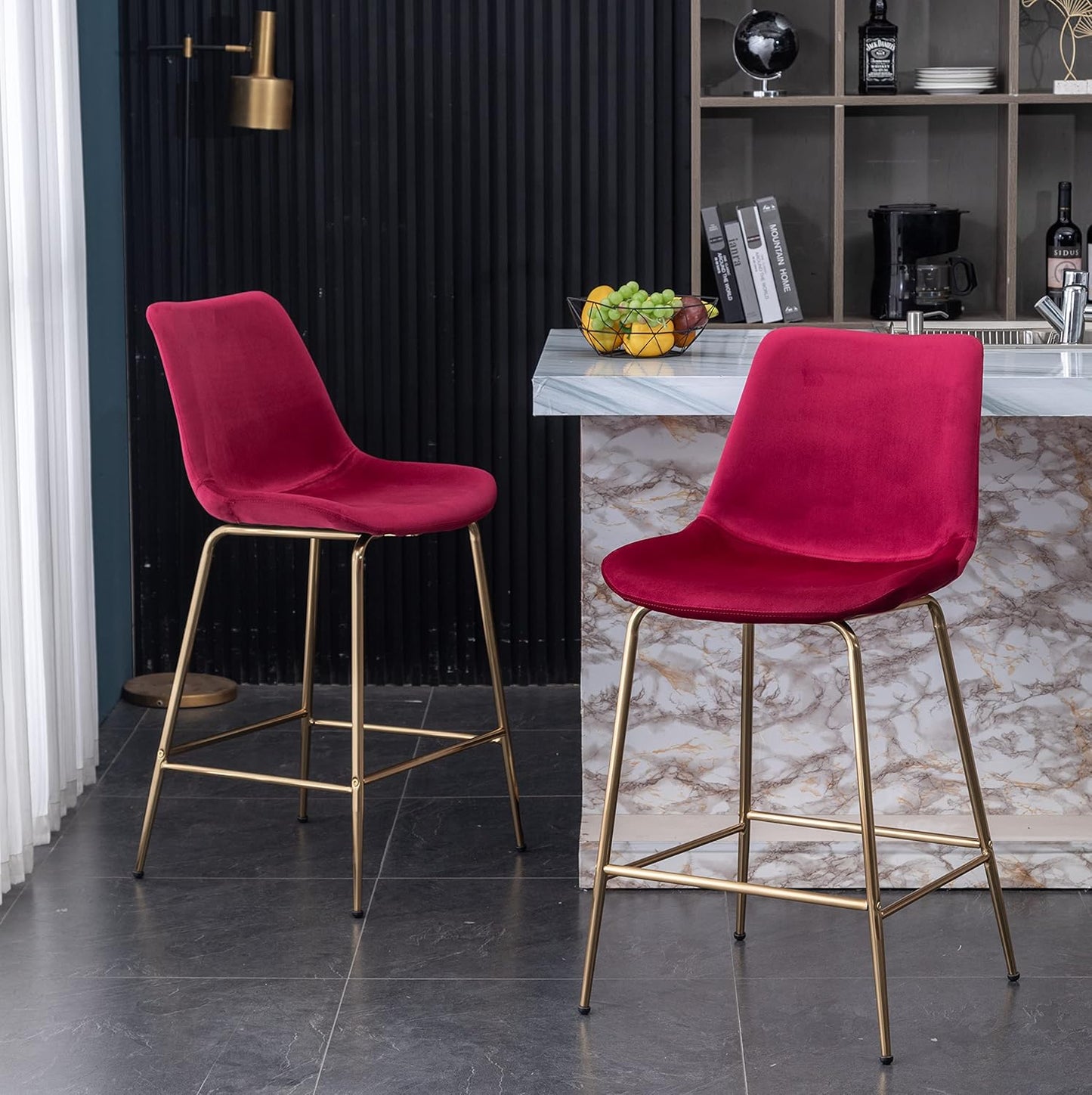 Roundhill Furniture Aufurr Modern Velvet 26.50 Counter Height Stools, Set of 2, Red