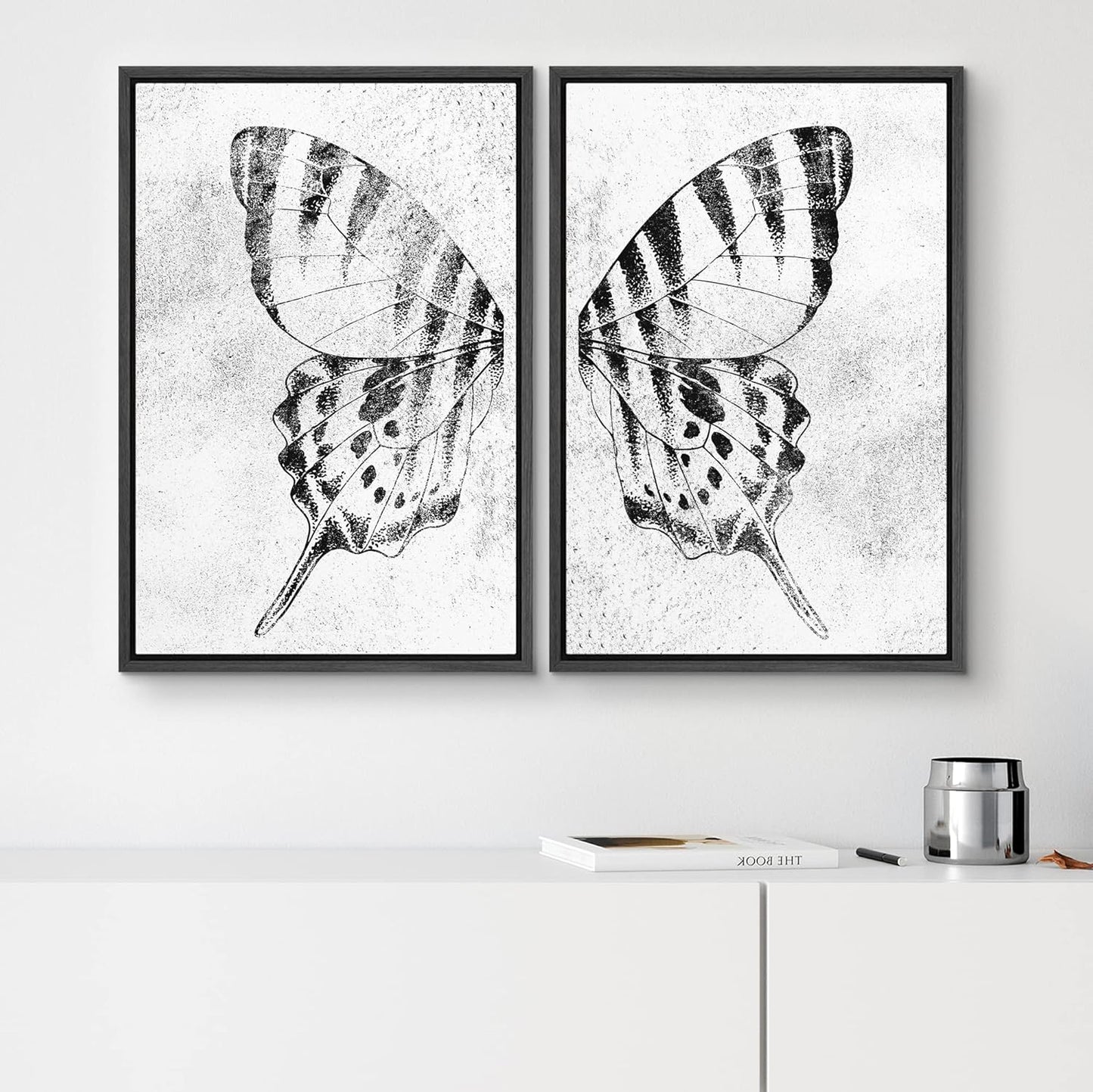 SIGNWIN Framed Canvas Print Wall Art Set Black & White Monarch Butterfly Wing Insect Nature Wilderness Illustrations Modern Art Rustic Relax/Calm for Living Room, Bedroom, Office - 24"x36"x2 Black