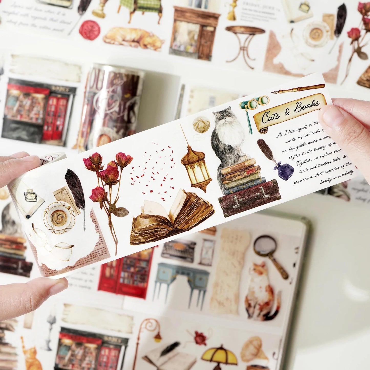 WT Pre-Cut Cats and Books Wide Washi Tape, One Roll 5 Meters, Decorative Cute Washi Tape for Bible Journaling, Bullet Journal Supplies,Scrapbooking Supplies,Planners, Party Decorations