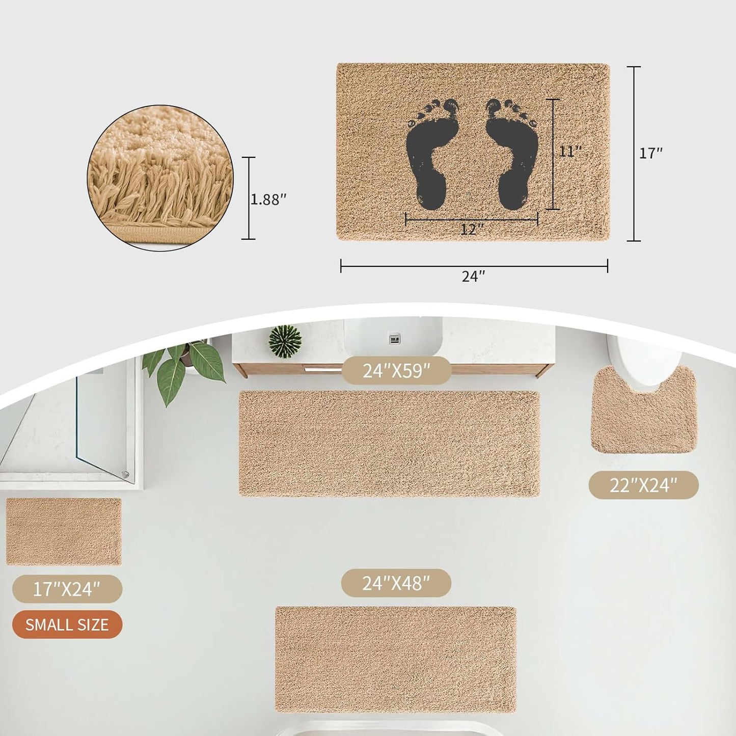 Beige Bathroom Rug 20x32 Non Slip Fluffy Bath Mat for Bathroom Floor Washable Plush Luxury Bath Rug for Tub Soft Shaggy Absorbent Shower Sink Mat
