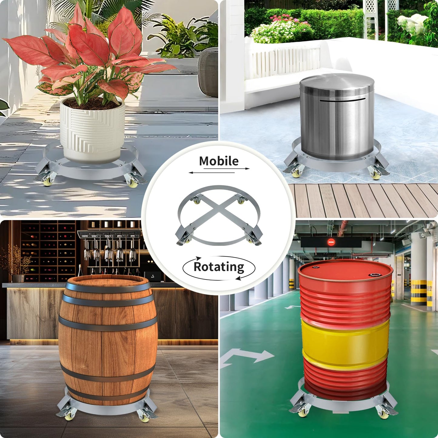 55 Gallon Drum Dolly, 1000lbs Load Capacity 55 Gallon Barrel Dolly Cart Drum Caddy with 4 Swivel Casters Wheel, Non Tipping Hand Truck Capacity Dollies for Warehouse Drum Handling (Silver Gray)