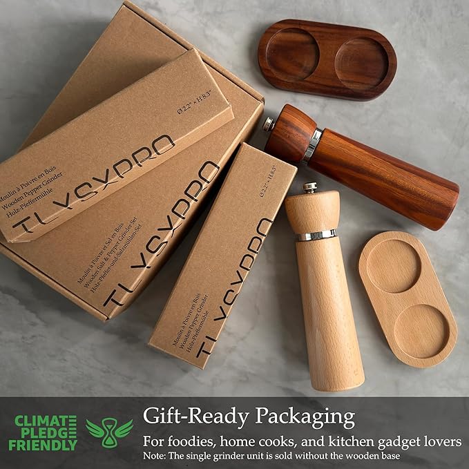 Wooden Salt and Pepper Grinder Set – Refillable Salt and Pepper Mill with Adjustable Upgraded Large Size Ceramic Burr – Manual Pepper Grinder with Beech Wood Body – 8.3” Tall (Chestnut)