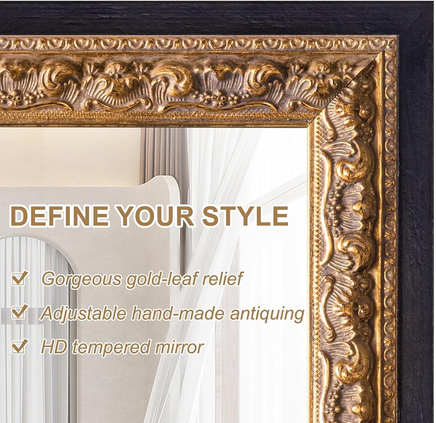 Small French Antique Mirror, 14”x11” Black Vintage Table Mirror for Vanity with Handmade Aging Foil Flower Petal Carvings Wooden Frame (Black and Gold, 14”x11”)