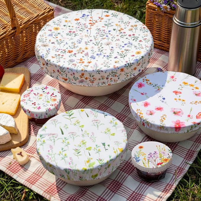 Patelai 10 Pcs Bowl Covers Reusable in 5 Size Stretch Cloth Fabric Elastic Food Storage Bowl Covers Bread Sourdough Lids for Proofing Food Fruits Leftover(Colorful,Spring Style)