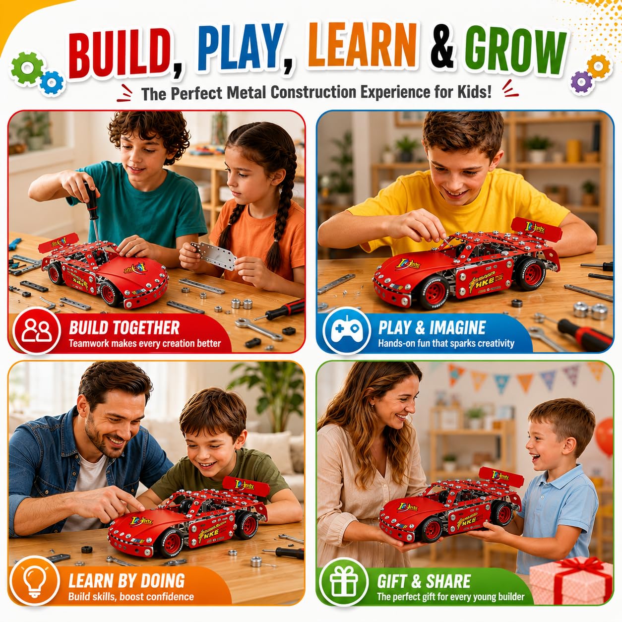 DIYBee Metal Model Car Kit, 192 Pcs Racing Car Building Kit for Boys 8-12, Build Your Own Car Kit, STEM Toys for Ages 8-13 14 15 16, Metal Construction Erector Set for Kids Teens Adults