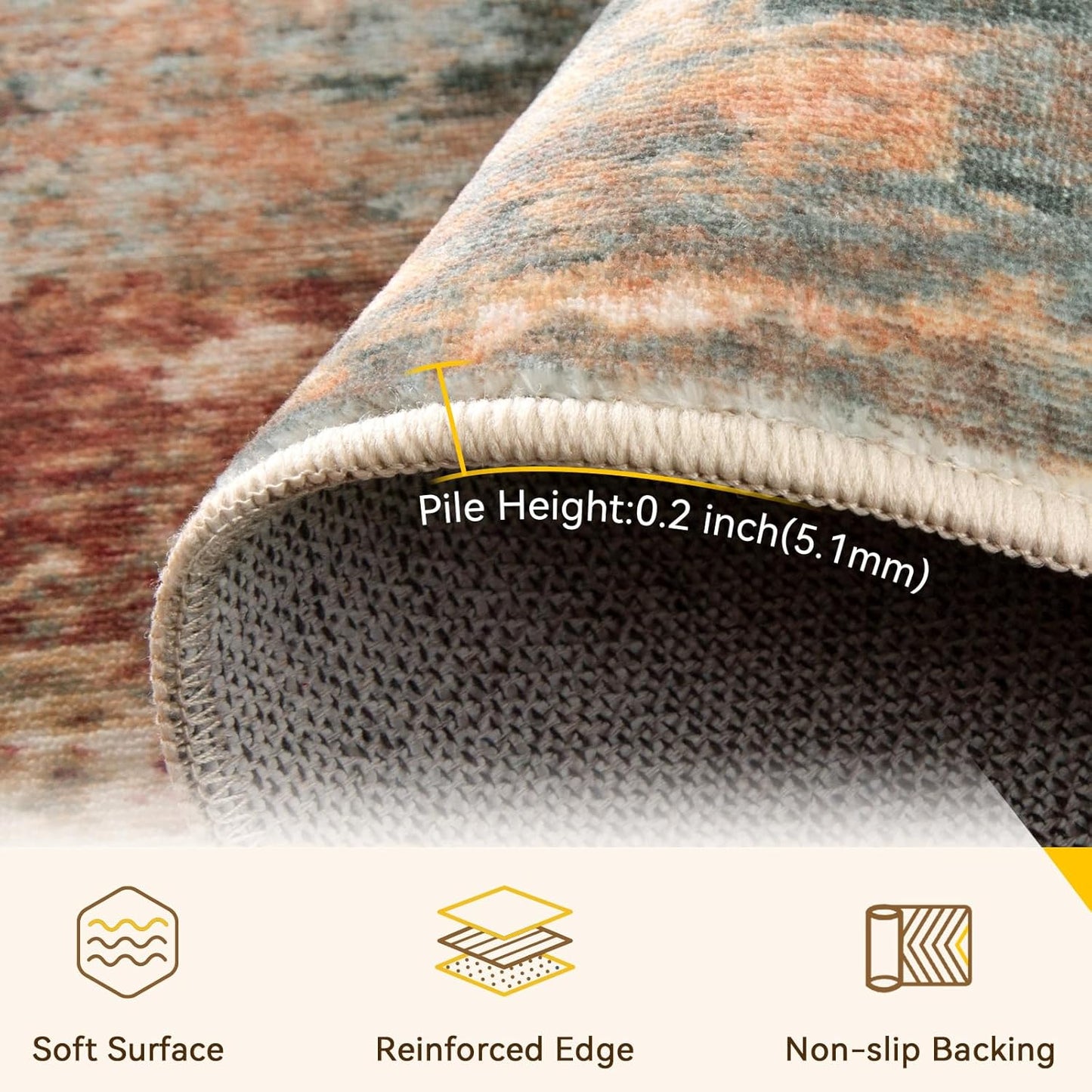 Washable Area Rugs 6'x9' Non-Slip Modern Abstract Soft for Living Room Entryway Bedroom Nursery, Print Pattern, Brown Rust Red Multi