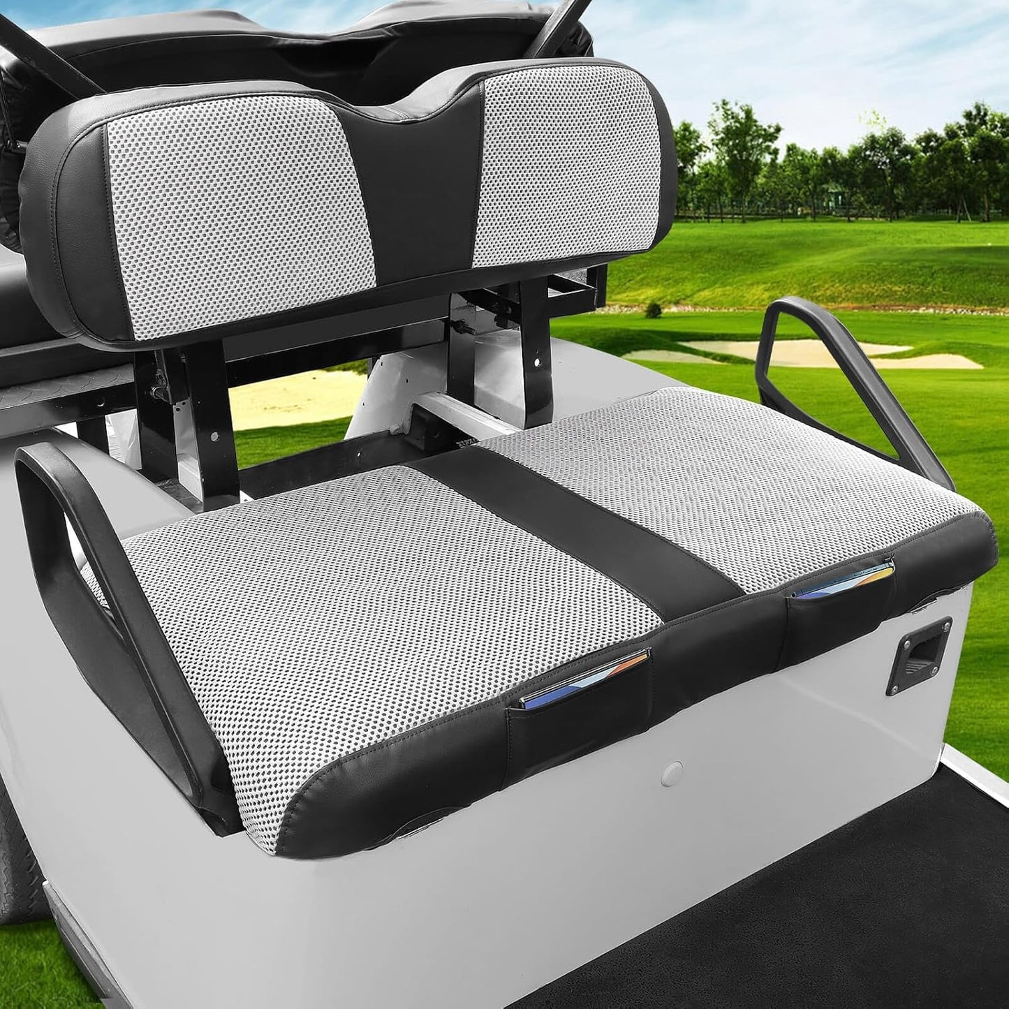 EZGO TXT Seat Cover, Golf Cart Front Seat Cover Fit for EZGO TXT 1994-2013 OEM Ordinary Seat Cushion, Breathable Polyester Mesh Cloth and Leather Combination Appearance, No Need Detaching Armrests