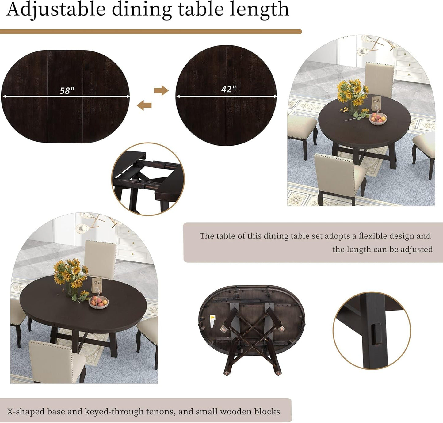 Ball & Cast 5 Piece Dining Table Set with 4 Upholstered Curved Legs Chairs,Living Room Furniture W/ 43" Round Extendable Desk,for Restaurant,Home Bistro,Espresso