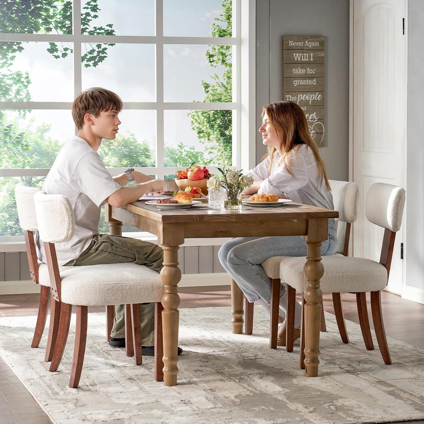 Mid-Century Dining Chair Set of 4, Upholstered Sherpa Seats with Ergonomic Curved Back and Adjustable Legs for Dining Room, Bedroom, Kitchen, White Sherpa