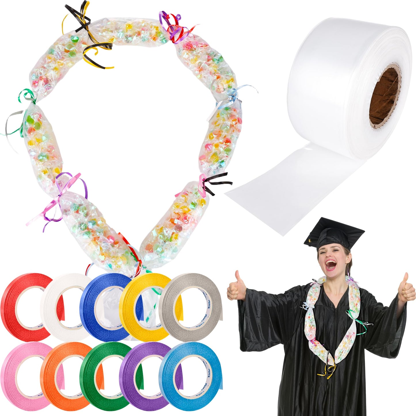 Conagel 1 Roll of Graduation Candy Lei Clear Graduation Candy Tubing Lei Making Kit with 10 Rolls Ribbons for DIY Graduation Wreaths Packing Snacks Candy (Clear, 3.15 Inch Wide)