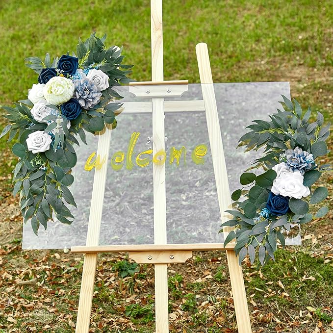 AitnWoy Artificial Wedding Arch Flowers Kit 2 PCS Dust Rose Flowers Silk Peony Floral Swag Welcome Sign for Wedding Ceremony Party Home Garland Decor (Blue)