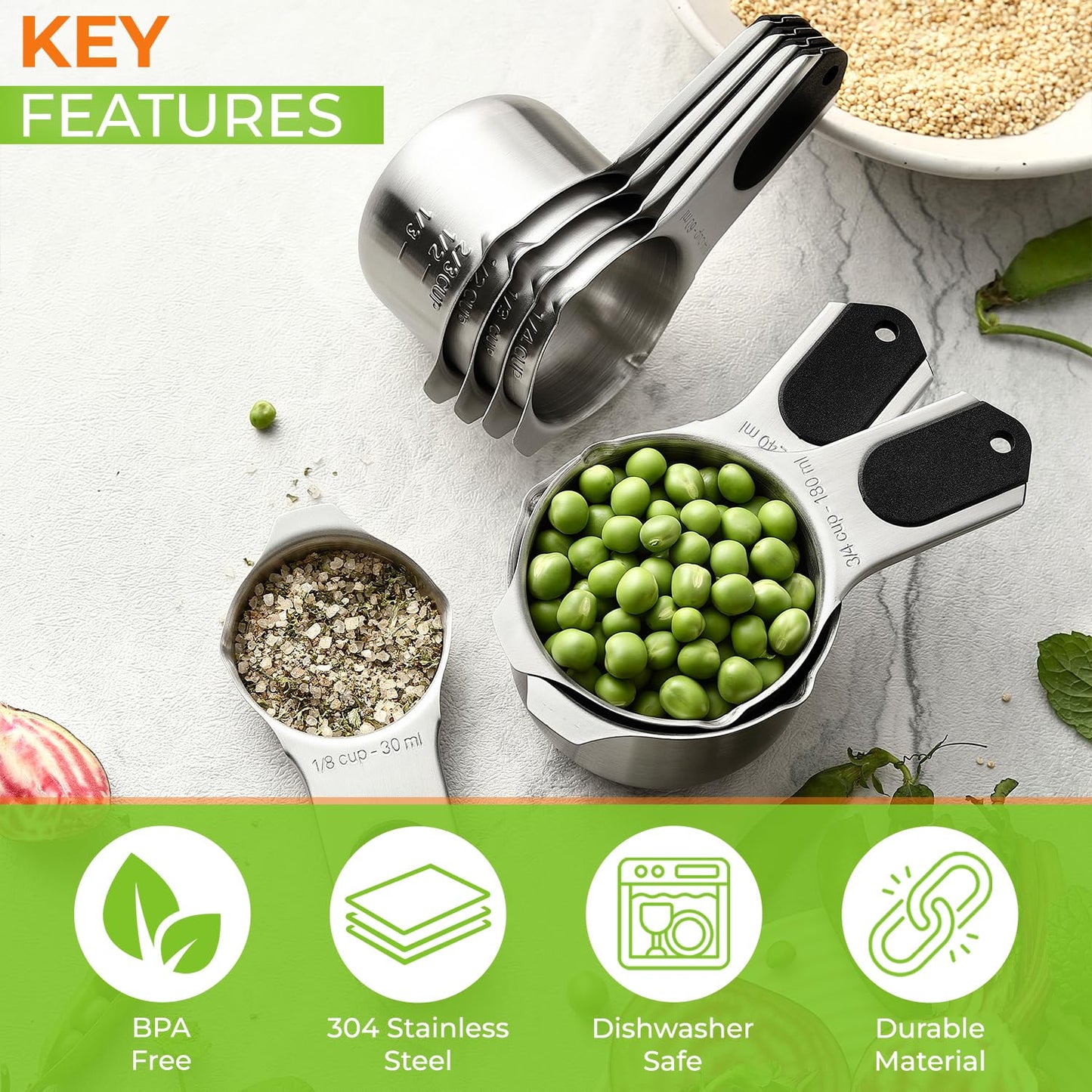 Spring Chef Magnetic Stainless Steel Measuring Cups, Patented, Kitchen Tools with Easy to Read Markings for Measuring Dry or Liquid Ingredients, Set of 7, Black