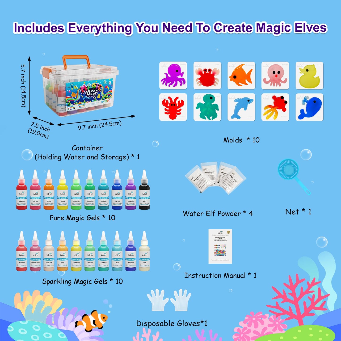 Kiditos Magic Water Elf Toy Kit – Squishies for Kids, 20 Gels & 10 Molds, Magic Gel Water Pets Sensory DIY Craft Kit, Party Favors & Gifts for Kids Ages 3+