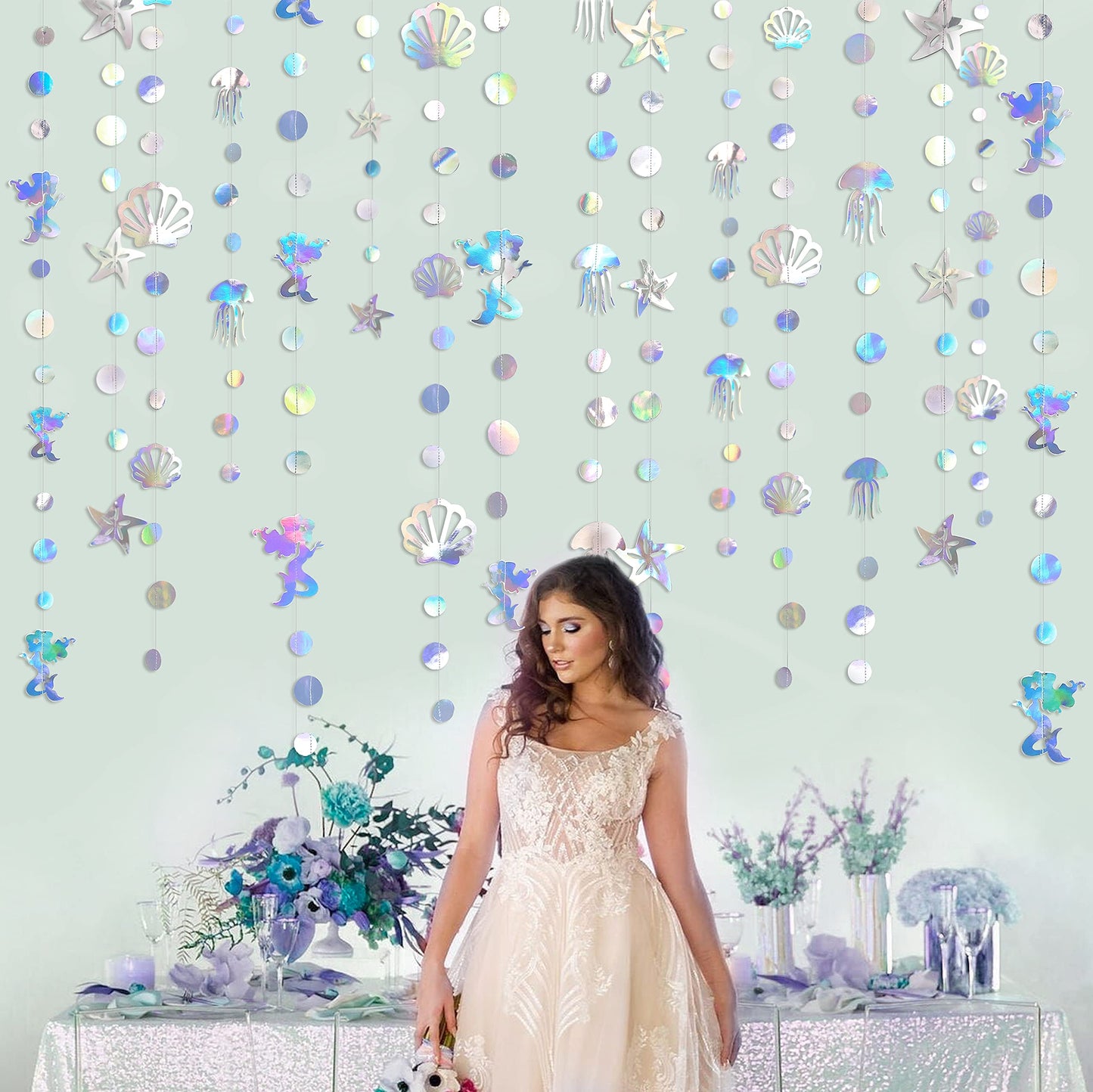 40 Ft Iridescent Mermaid Garland with Jellyfish Seashell Starfish Pearl Holographic Paper Streamer for Little Mermaid Rainbow Theme Birthday Bachelorette Baby Shower Under the Sea Party Decorations