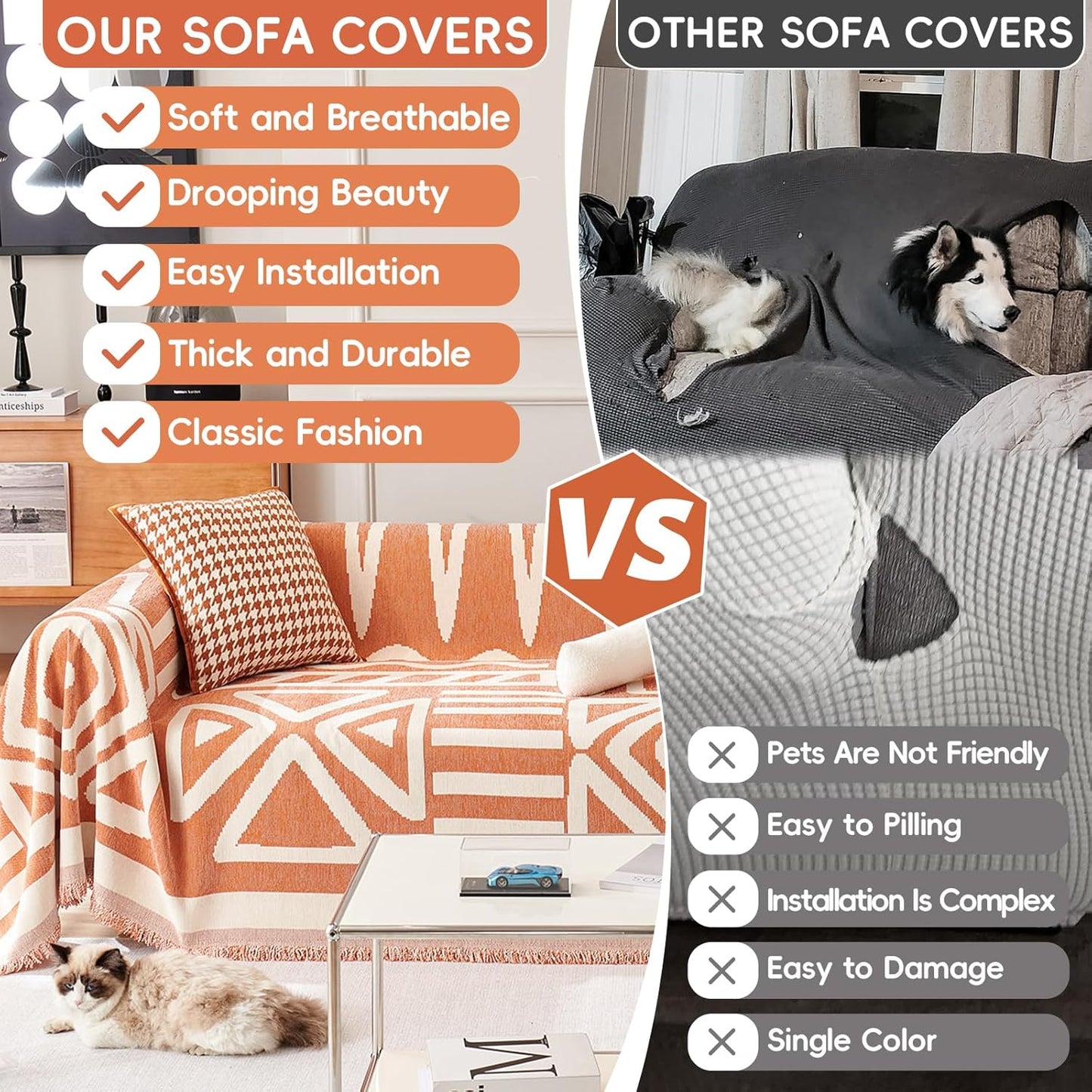 STACYPIK Thick Warm Orange Sofa Cover Armchair Slipcover Boho Geometric Couch Cover for Sectional Sofa Caramel Loveseat Cover Anti-Slip Chenille Couch Protector for 2 Cushion Couch Home Decor-71X102IN