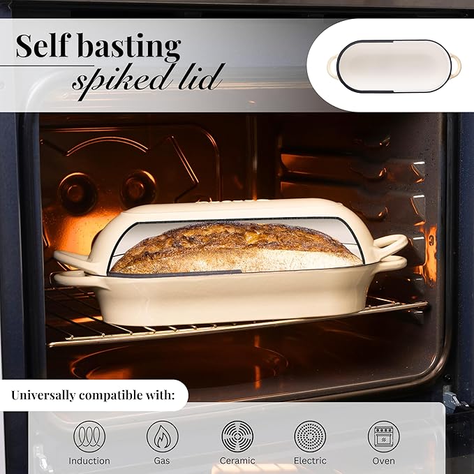 Enamelled Cast Iron Bread Loaf Pot – Dutch Oven For Sourdough Bread Baking – Oven Safe Non Stick Bread Pot – Rectangular, Cream, 34cm x 16cm – by Nuovva