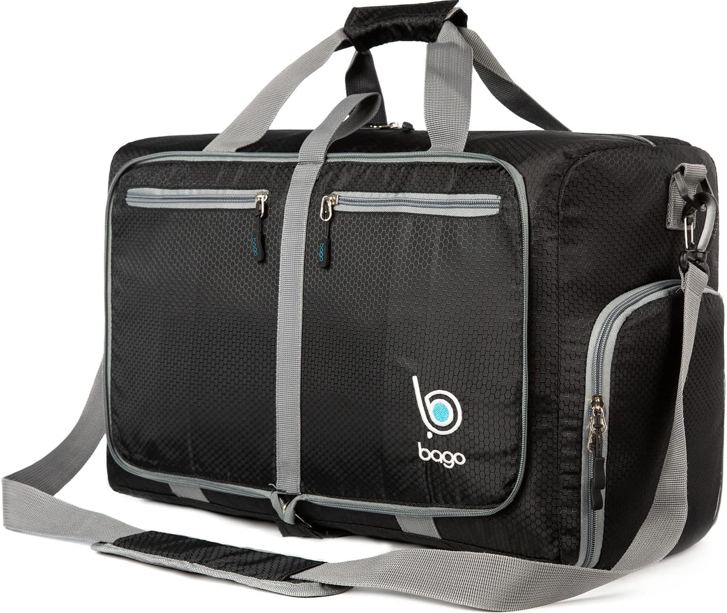 Bago Foldable Duffel Bags for Traveling Women & Men - 40L Sports Packable Duffle Bag for Travel with Shoe Compartment - Water Repellant, Heavy Duty, Lightweight Folding & Collapsible (Black)