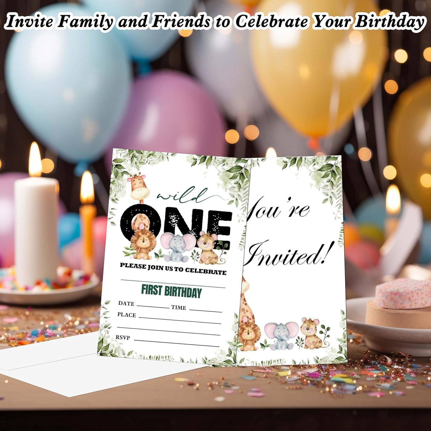 Wild One Birthday Invitations, 20 Invitation Cards with Envelopes, Safari Zoo Invites for Party Decorations Favor Supplies - A15