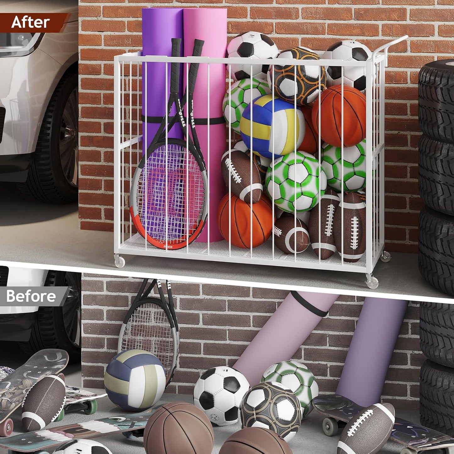 Ball Storage Bin Rolling Sports Ball Cart, Metal Garage Organizer Sport Rack, Ball Basket Storage, Ball Cage for Garage or Gym, Indoor & Outdoor Sports Equipment Organizer