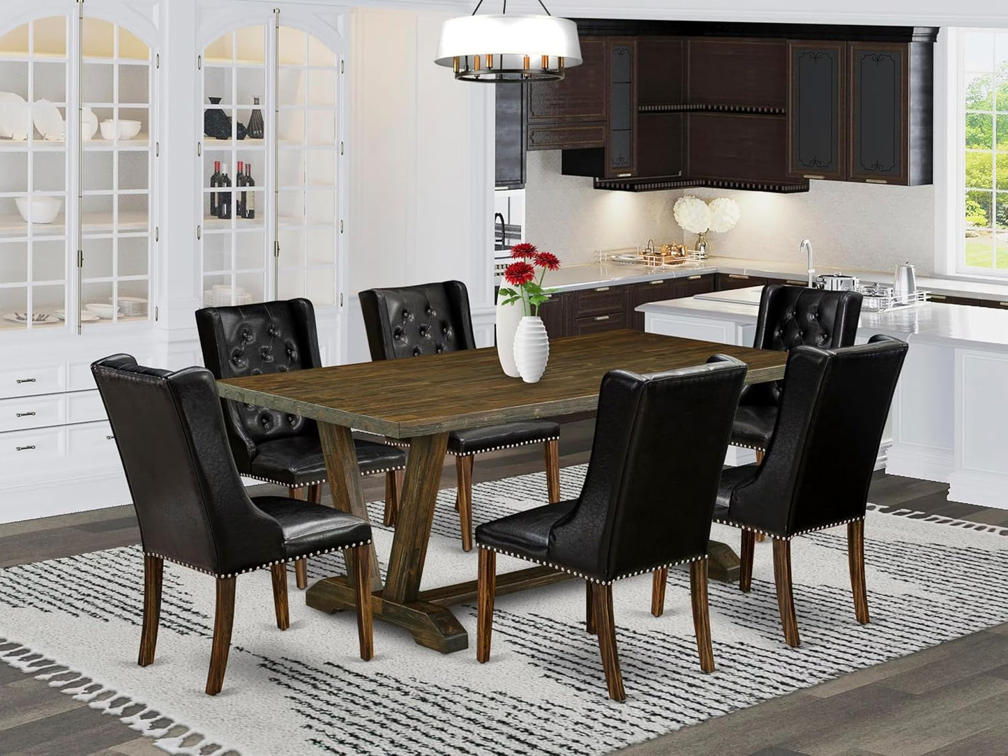 East West Furniture V777FO749-7 7 Piece Modern Dining Table Set Consist of a Rectangle Wooden Table with V-Legs and 6 Black Faux Leather Parsons Dining Chairs, 40x72 Inch, Multi-Color