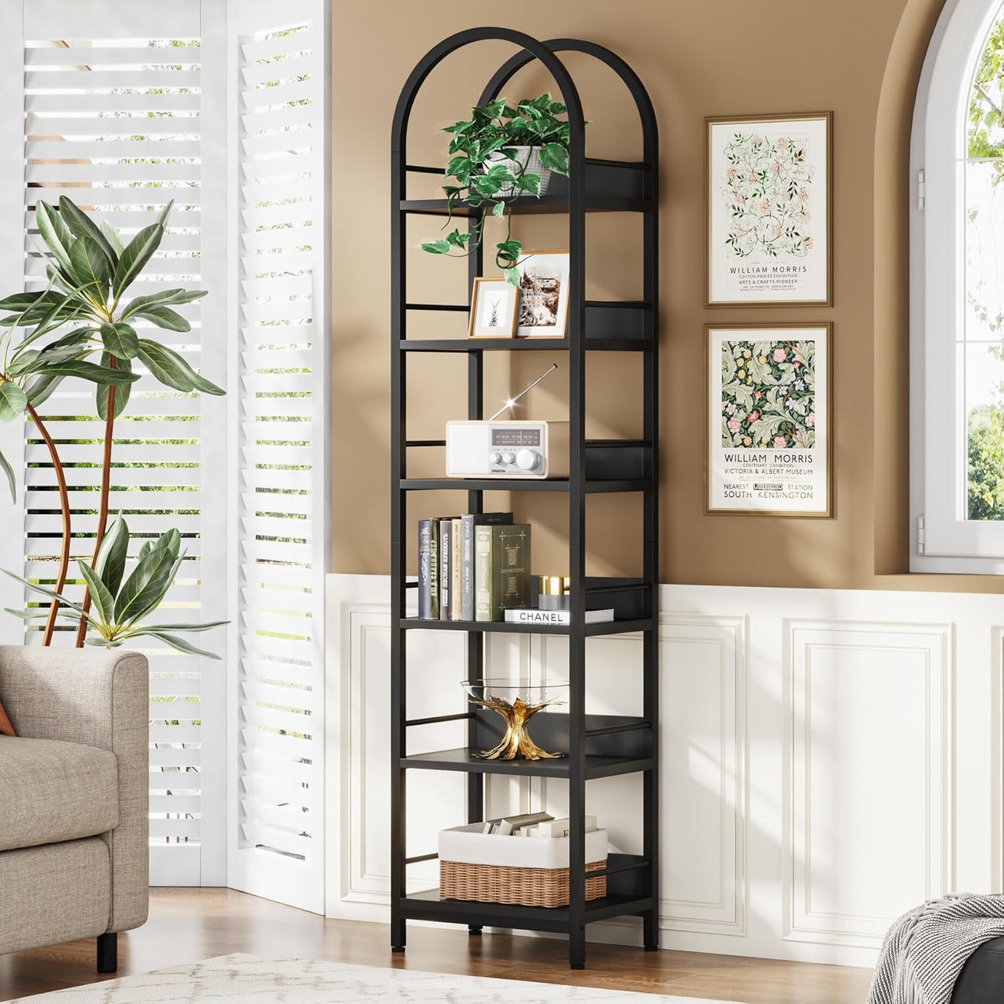 LITTLE TREE 6-Tier Open Bookshelf, 78.7" Tall Arched Bookcase, Black Wooden Bookshelf with Metal Frame, Freestanding Narrow Bookcase Display Shelves for Living Room, Bedroom, Office
