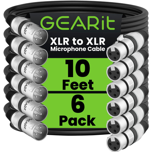 GEARit XLR Male to Female Microphone Cable (10 Feet, 6-Pack) 3-Pin Balanced Shielded Mixer, Recording Studio, Podcast - Black