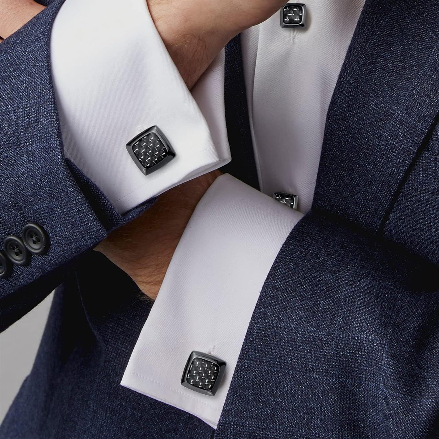 HAWSON Cufflinks and Studs for Men-Fashion Men Vintage Enamel Carbon Fiber Tuxedo Shirt Cufflinks and Studs Set for Regular Wedding Business Accessories