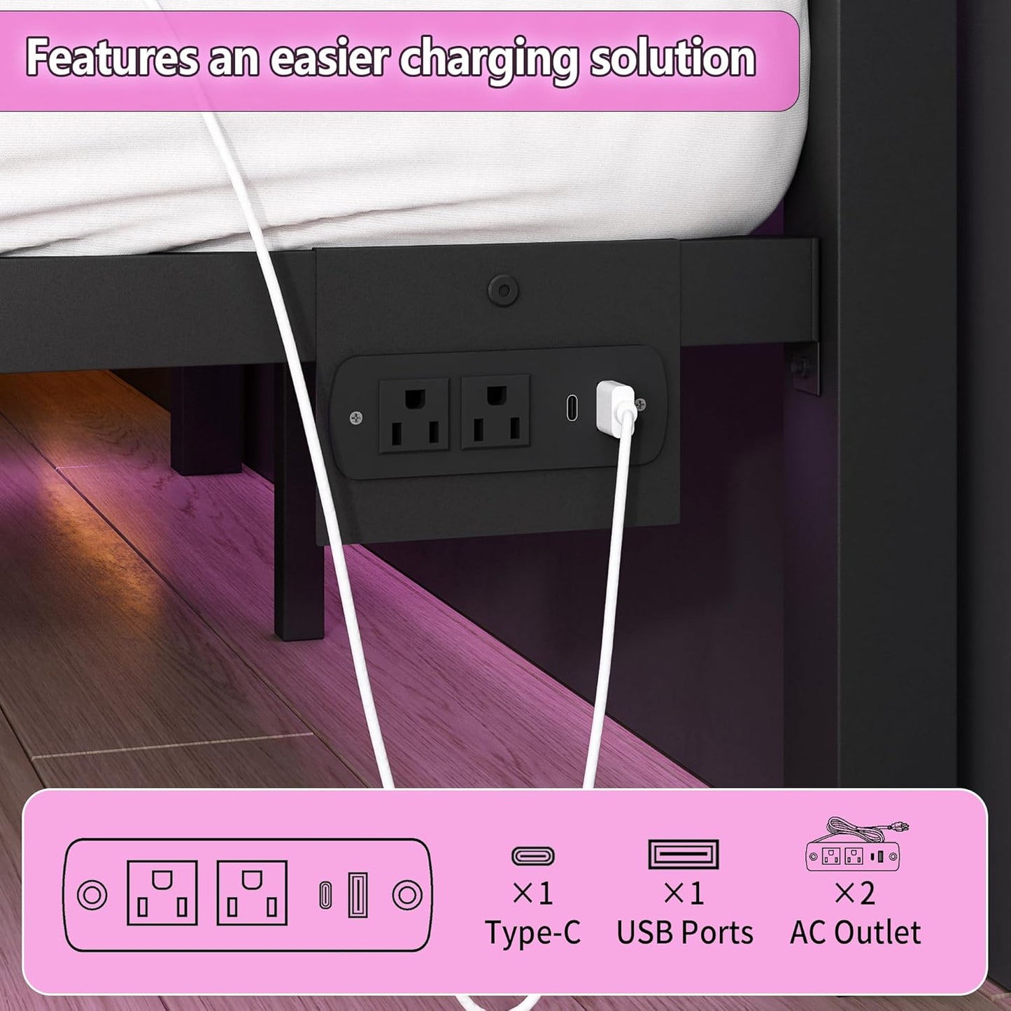 Queen Bed Frame with Headboard and Footboard,Steel Slats Support-LED Bed Frame with USB Charging Station,Mattress Foundation-Under Bed Storage,No Box Spring Needed,Noise Free,Black