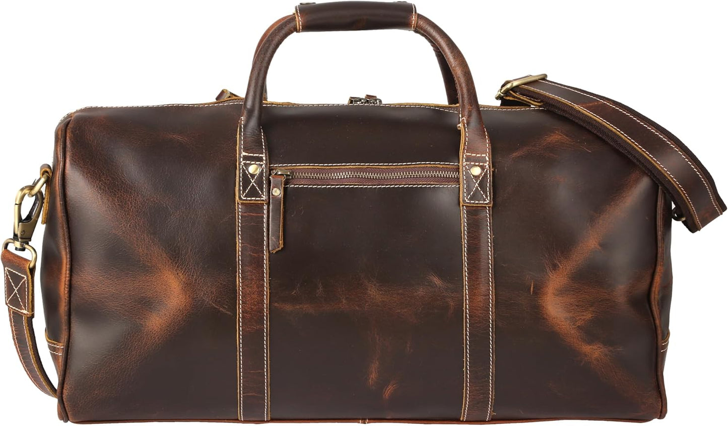 KomalC Leather Duffel Bags for Men and Women Full Grain Leather Travel Overnight Weekend Leather Bags Sports Gym Duffel for Men (Dark Tan, 20 Inch)