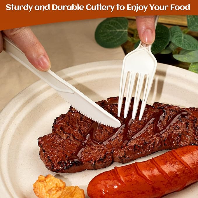 300Pcs Compostable Paper Plates Set, Eco-friendly Heavy Duty Plates & Biodegradable Utensil Include Forks,Knives,Spoons, Napkins, Disposable Dinnerware Set for Party (Brown)