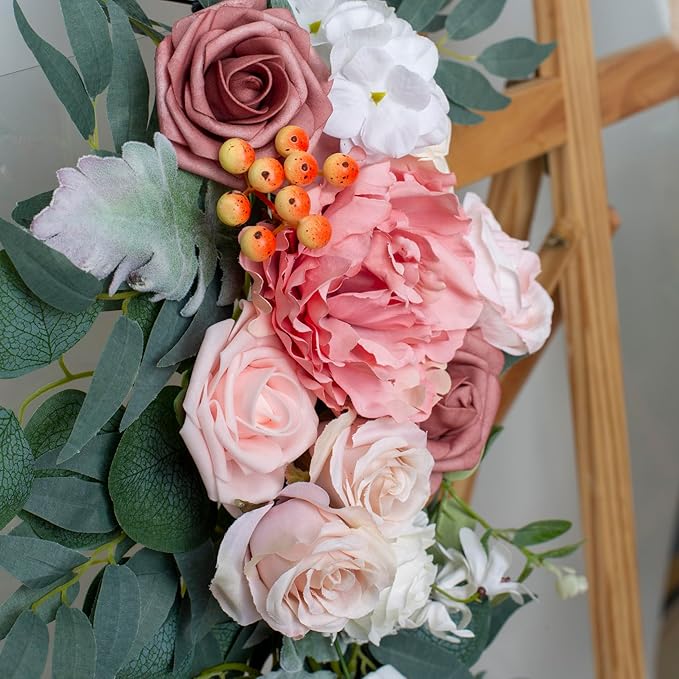 AitnWoy Artificial Wedding Arch Flowers Kit 2 PCS Dust Rose Flowers Silk Peony Floral Swag Welcome Sign for Wedding Ceremony Party Home Garland Decor(Reddish Brown)