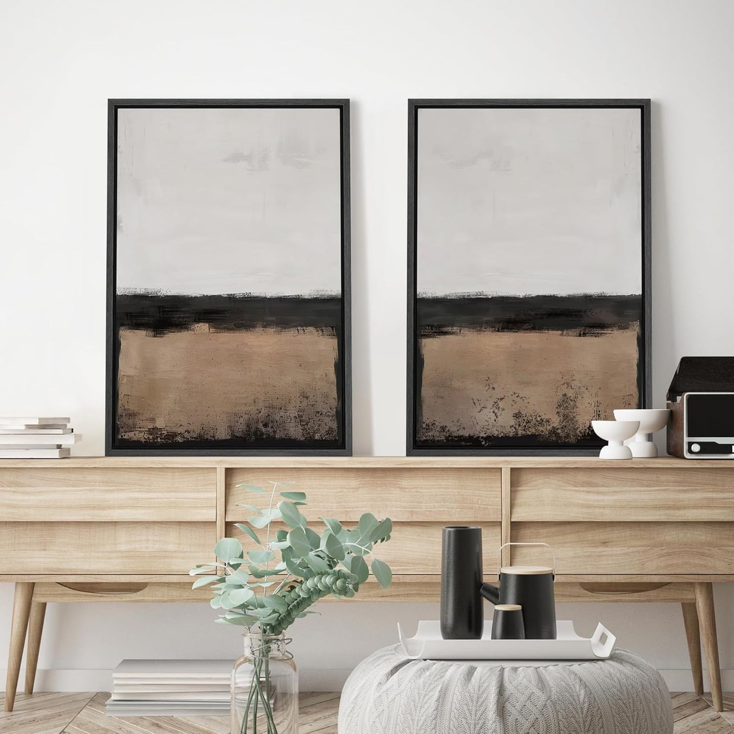 SIGNWIN Framed Canvas Print Wall Art Abstract Landscape Neutral Tones with Horizon Line Illustrations Modern Art Decorative Contemporary for Living Room, Bedroom, Office - 16"x24"x2 Black