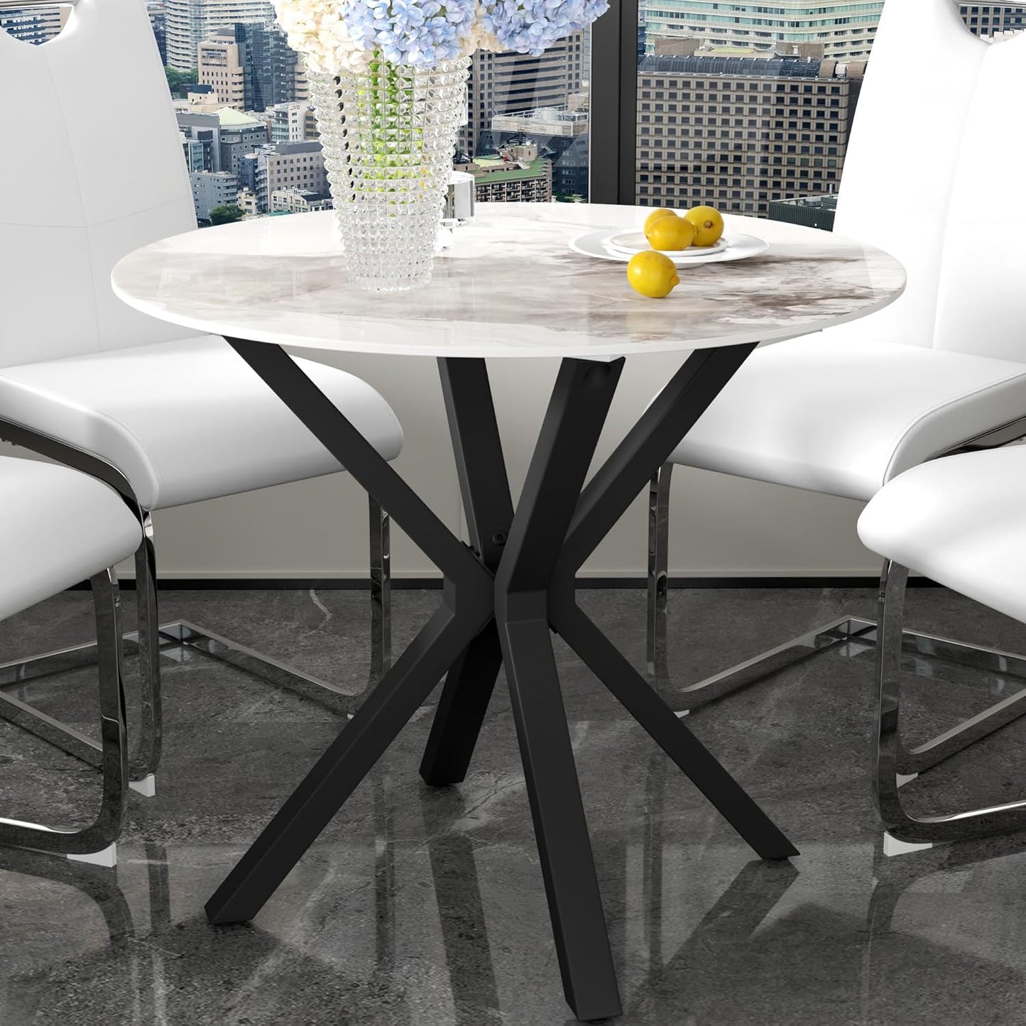 Marble Round Dining Table with Black Metal Legs, 32 in Modern Sintered Stone White Kitchen Table Circle Table for Dining Room Kitchen