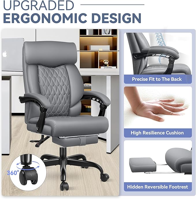 Office Chair, Big and Tall Office Desk Chair, Reclining Office Chair with Footrest Home Office Desk Chairs, High Back Ergonomic with Lumbar Support, Executive Leather