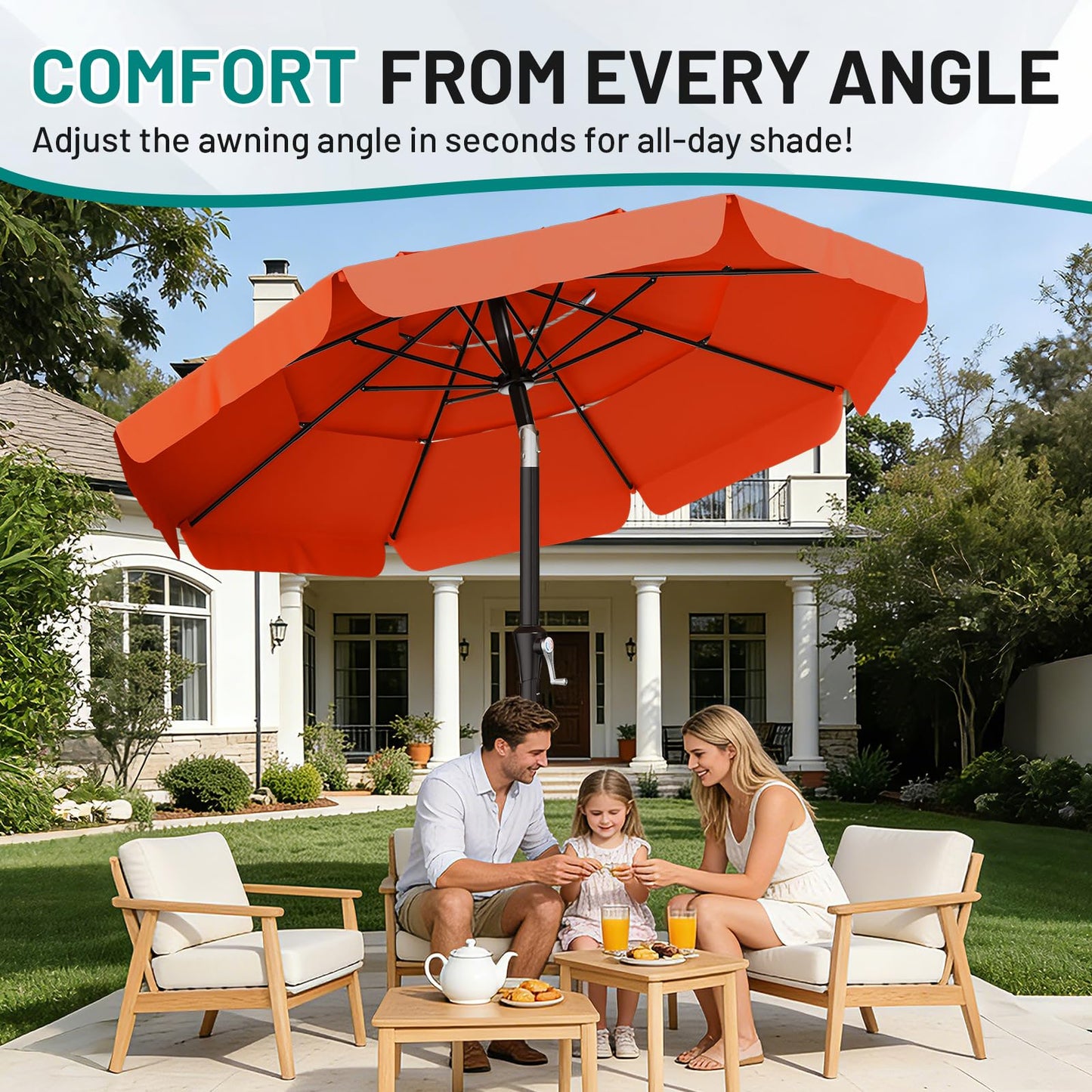 AreShark 9FT 3-Tiers Patio Umbrella with Valance, Outdoor Umbrellas with Crank/Tilt, Table Market Umbrella Vented w/ 8 Sturdy Ribs for Garden, Deck, Backyard, and Pool, Orange
