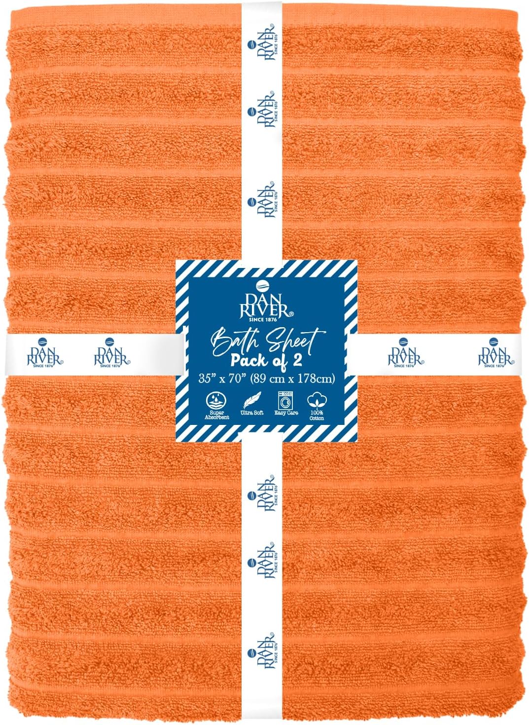 DAN RIVER Pack of 2 Bath Sheet 35x70 Inches, Soft Ribbed Fluffy Bath Sheets Towels for Adults, Quick Dry Shower Towels - Orange