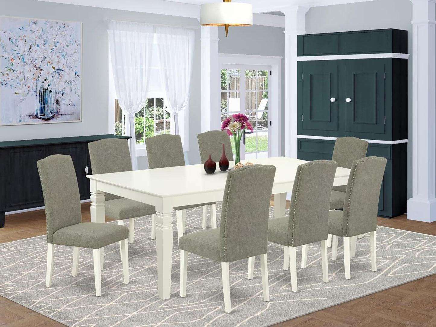 East West Furniture LGEN9-LWH-06 9 Piece Dining Set Includes a Rectangle Dining Room Table with Butterfly Leaf and 8 Dark Shitake Linen Fabric Upholstered Chairs, 42x84 Inch, Linen White