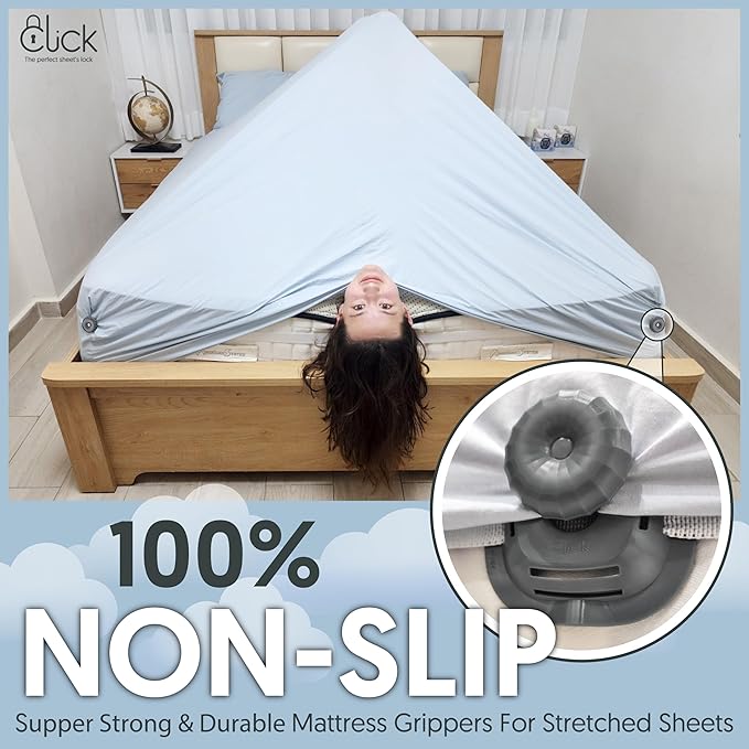 Click Sheet Holders for Adjustable Bed 4 Bedsheet Gripper Clips 2 Mattress Straps to Hold Sheets in Place, Heavy Duty Bed Sheet Fasteners for Twin, Queen & Split King, No-Slip Memory Foam Bed Lock