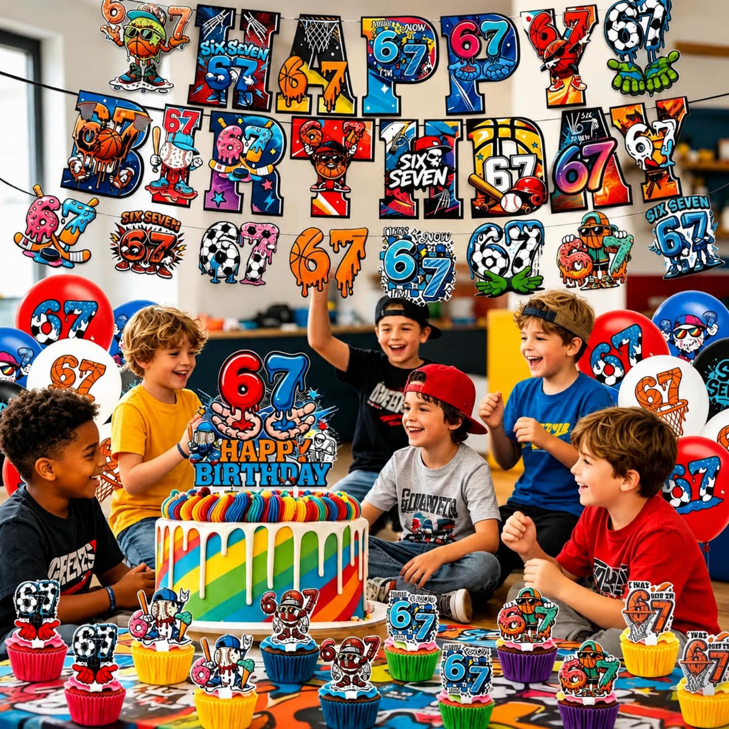 lvyujia 6 7 Birthday Decorations Kit, I Was 6 Now I'm 7 Birthday Decorations, Funny Meme Party Supplies with 50PCS Stickers, Banner, Balloons, Cake & Cupcake Toppers for Indoor Outdoor Party Décor