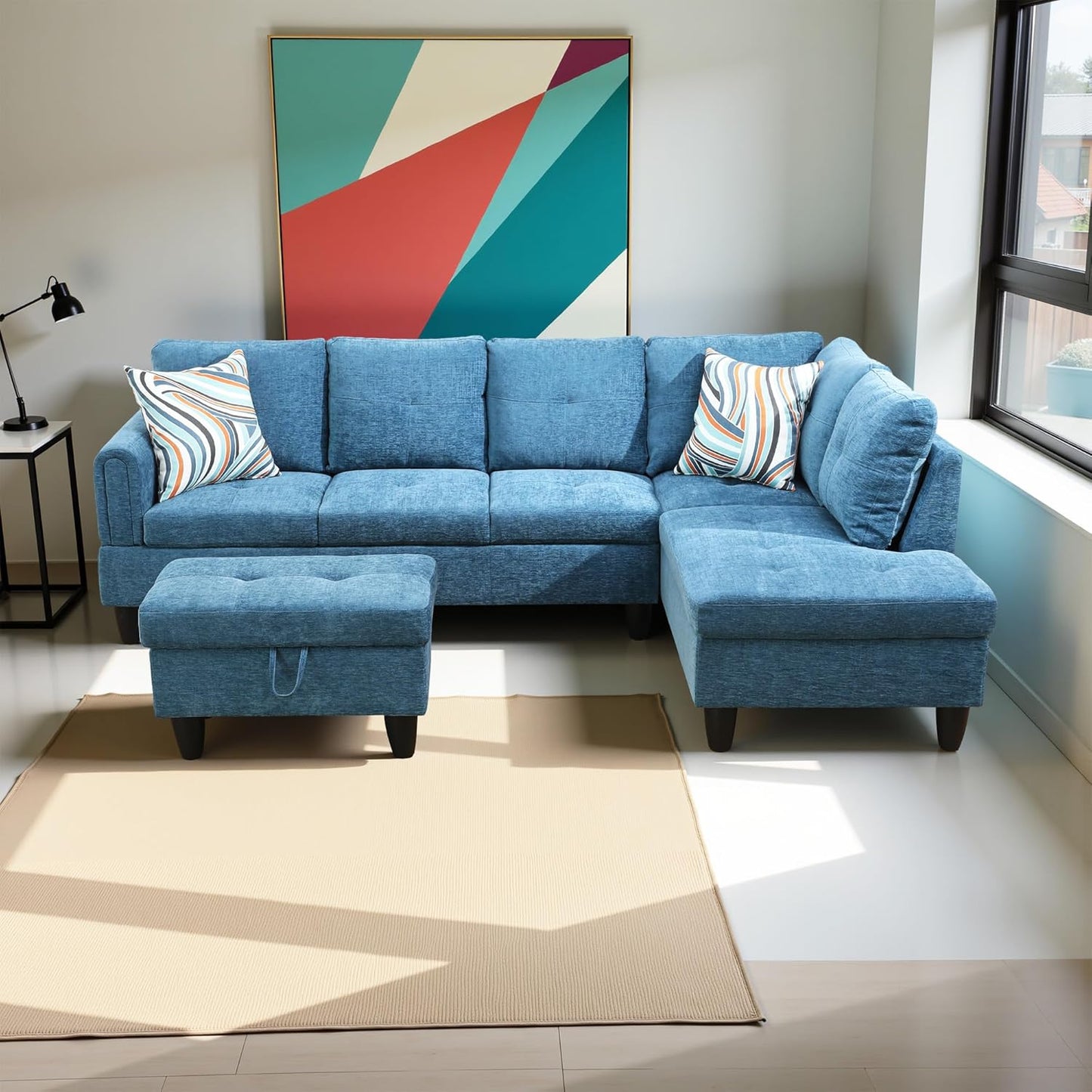 Couches for Living Room Modern L Shaped Couch Comfy Flannel Fabric 3 Pieces Sectional Sofa with Chaise, Ottoman with Storage for Office and Small Apartment, Blue