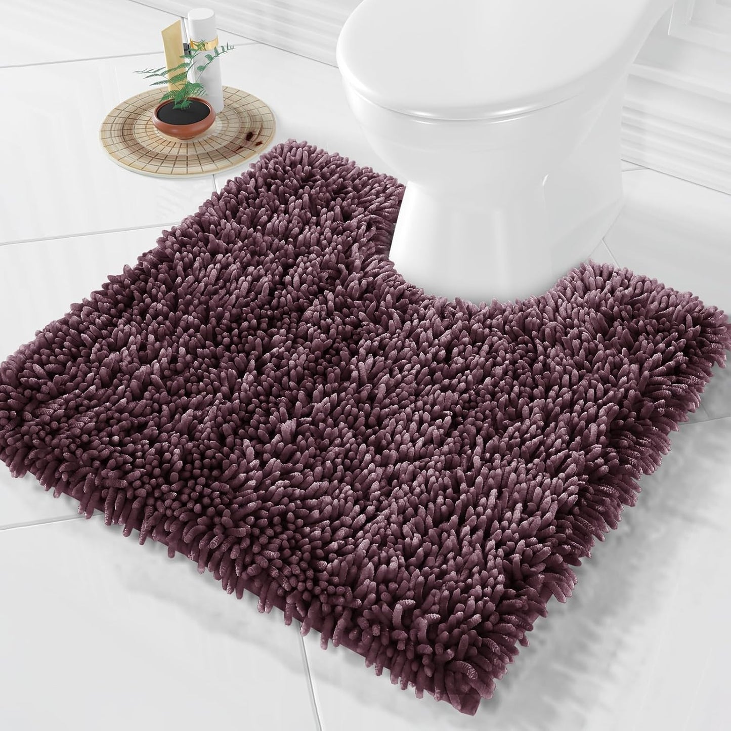 Yimobra Toilet Rugs U Shaped Washable, Extra Thick Soft Absorbent Chenille Contour Bathroom Rugs for Toilet 24x24 Inch, Quick Dry Non Slip Toilet Mat for Bath Floor, Purple Grey