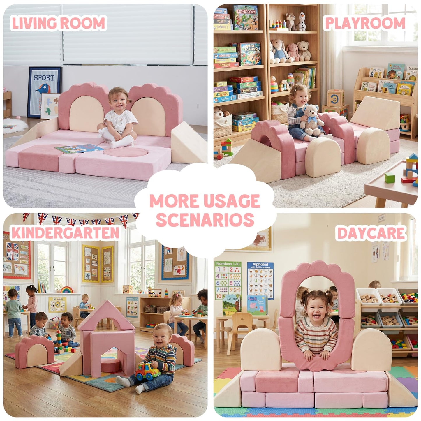 MOOZHEALTH 13 Pieces Foam Climbing Blocks for Toddlers|Floral Baby Soft Play Gym,Kids Indoor Crawing Climbers & Play Structures for Bedroom,Livingroom & Playroom,Pink & Beige