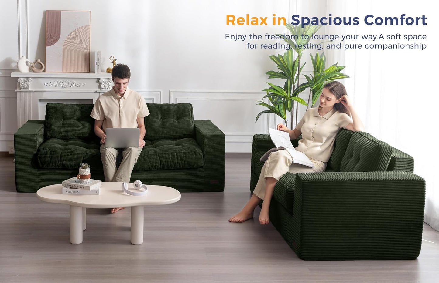 MAXYOYO 3 Seater Couch for Living Room, Boneless Couch with Tufted Cushion & Backrest, Upholstered Floor Sofa with Armrests, Sofa in A Box, No Assembly Required, Green